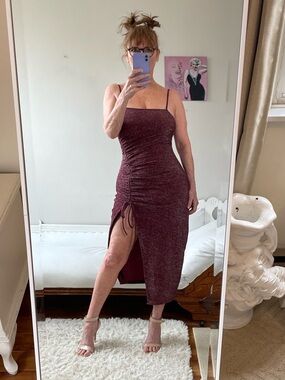 NWT VINE VALLEY BURGUNDY DRESS SPAGHETTI STRAP SIDE RUCHING SLIT SILVER SHIMMER